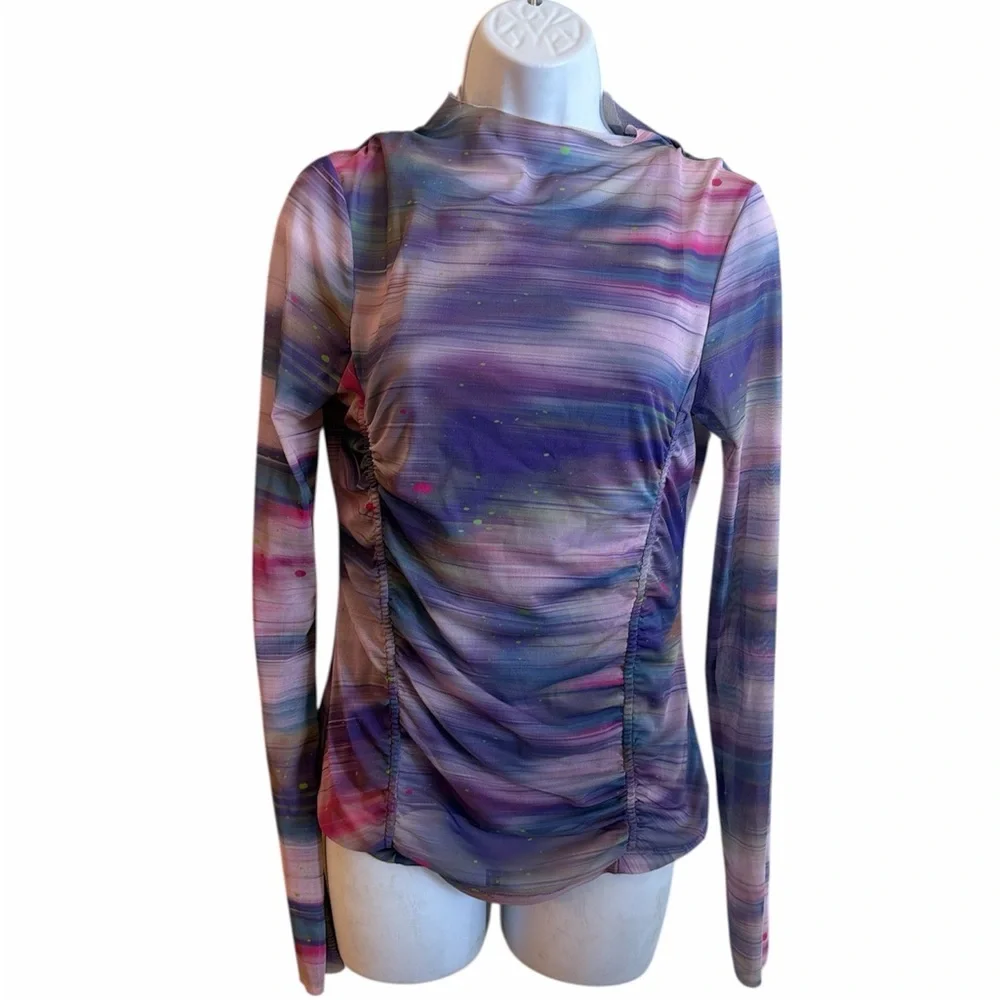 Anthropologie Mesh Top Size Medium Purple Pattern Double Layer Long Sleeve - Picture 4 of 15